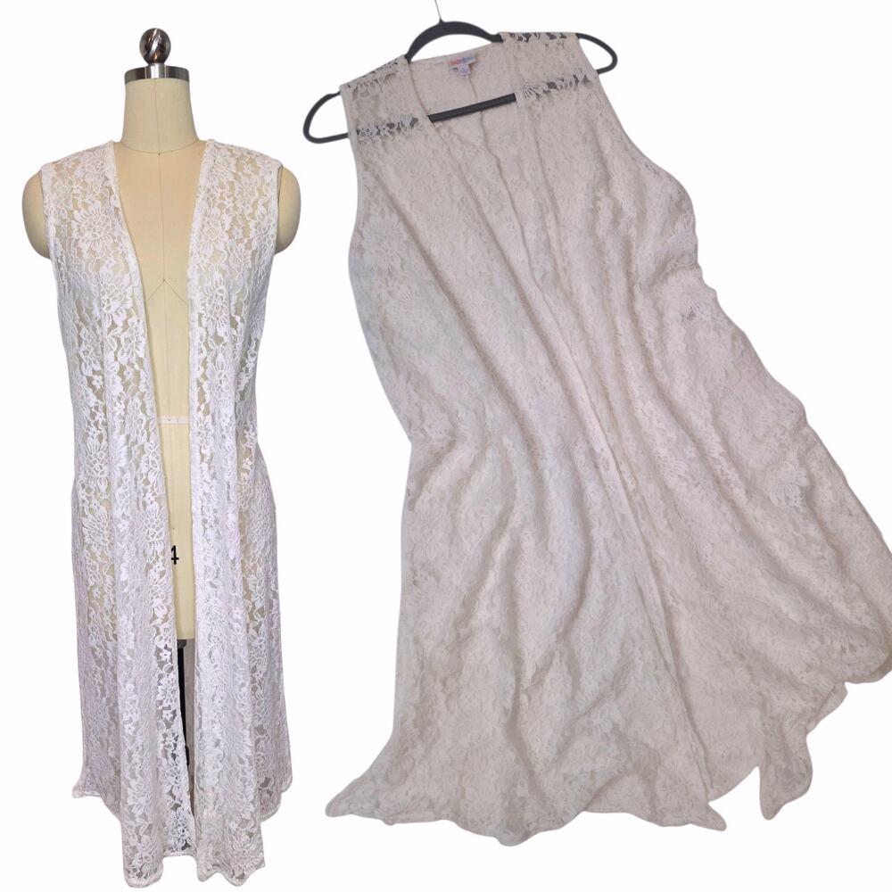 LuLaRoe Joy Vest Large Lace Off-White Stretch Longline Layering Duster Boho